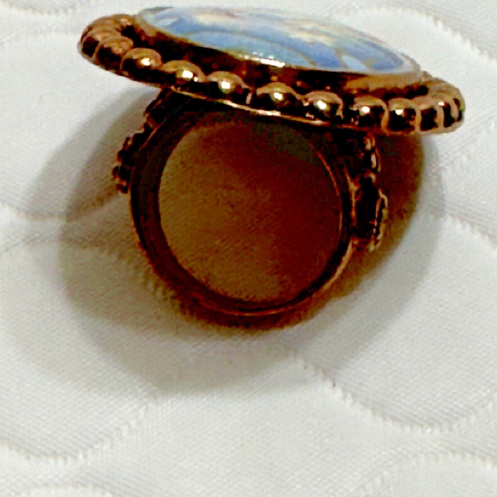 Sz 8.25 Amy Kahn Russel Bronze Hand Painted Flower Statement Ring Floral Blue - Picture 11 of 14
